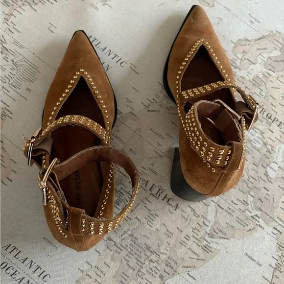 Jeffrey Campbell Free People Studded Suede Chunky Heels Size 9.5 Carmel/Gold - Picture 9 of 11